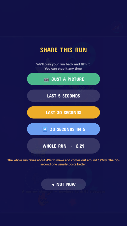9Cat Ripple Snap clip screen: the game offers to film your run back