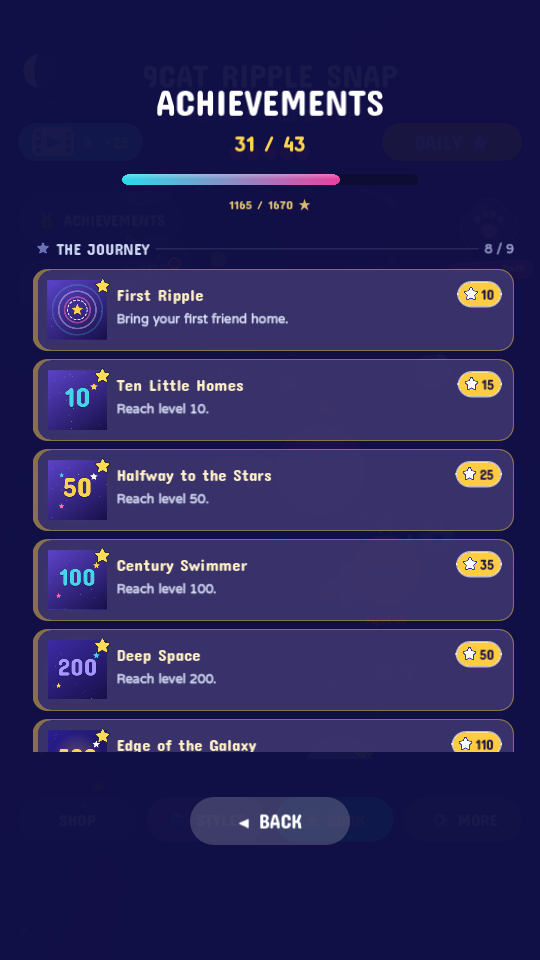 9Cat Ripple Snap achievements: 43 of them, from First Ripple to Edge of the Galaxy
