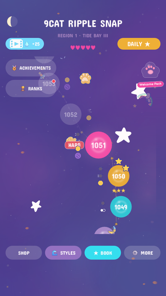 9Cat Ripple Snap level chart, with hearts, the daily star and the drop jar