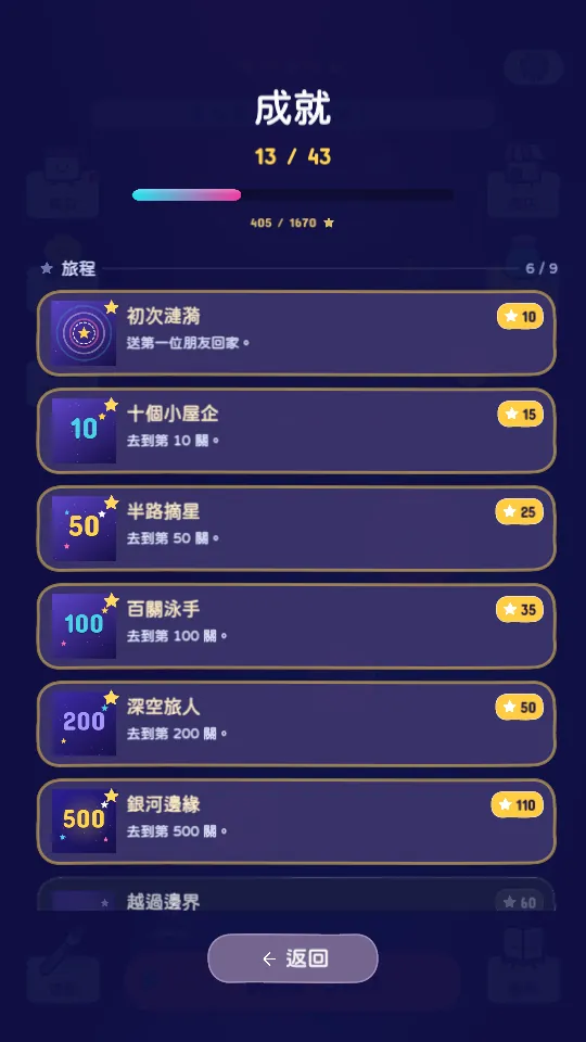 《9Cat Ripple Snap》成就頁:43 個成就,由初次漣漪去到最後一粒星