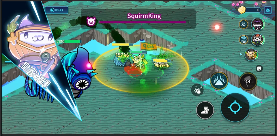 A boss fight against SquirmKing, with a special skill going off